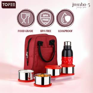 TOFEE 4 Steel Containers with 1 plastic container with 1 water bottle 5 Containers Lunch Box