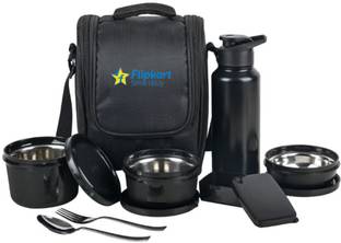 Flipkart SmartBuy Stainless Steel Lunch Box with Pickle Box, Steel Spoon & Fork | Microwave Safe 4 Containers Lunch Box