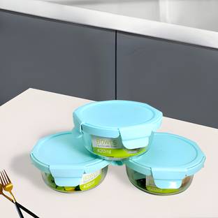 Lemon Tree Round Borosilicate Glass Food Storage Lunch Box Tiffin with Airtight LID, Set of 3 Containers Lunch Box