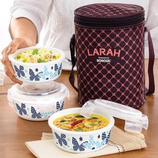 Larah by Borosil Veera Blue Opalware Lunch Box with Bag, Unisex Lunch box for Office, School 3 Containers Lunch Box