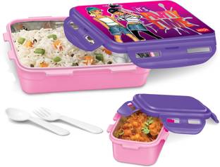 MILTON Mini Fun Treat Inner Stainless Steel Tiffin Box, 650 ml, Spoon and Fork, Pink 2 Containers Lunch Box
