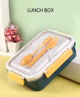 PRH Basics Stainless Steel Lunch Box with Spoon & Fork | 3 Compartment Insulated Leak Proof 1 Containers Lunch Box