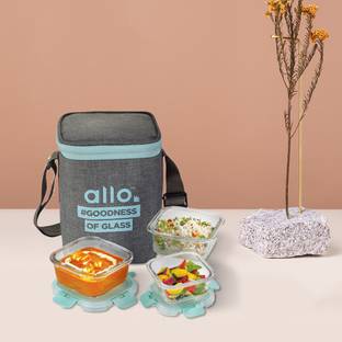 Allo Box,Microwave Safe Tiffin with Canvas Grey Lunch Bag, 3 Containers Lunch Box