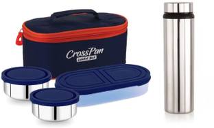 CrossPan S SDouble decker Lunch box/ tiffin box with SS Water Bottle 750ml_CP 3 Containers Stainless Steel Office Lunch Box