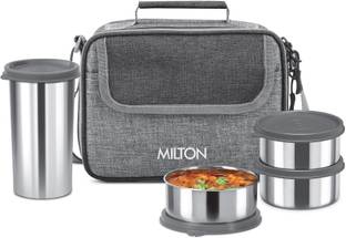 MILTON Daily Meal Lunch Box with Bag, 3 Containers 300 ml each & Tumbler 400 ml Grey 3 Containers Lunch Box