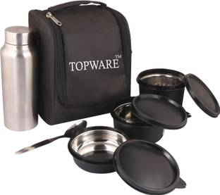 Topware Lunch Box with Temperature Bottle - Black | 3 Stainless Steel Containers (2000) 3 Containers Lunch Box