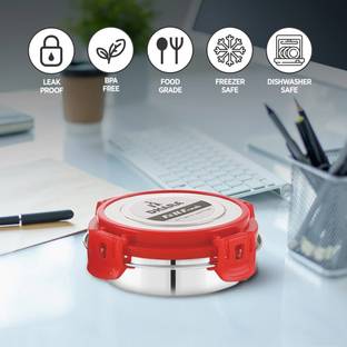 Dhara Stainless Steel Fit N Fresh Tiffin Box Containers With Four Side Clips Lock Airtight Lid Red 2 Containers Lunch Box