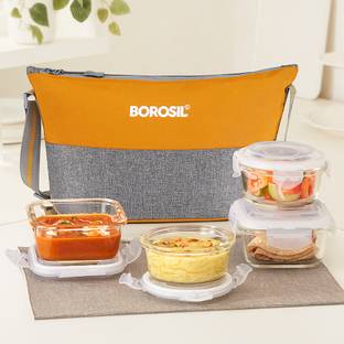 BOROSIL Zest Daisy Glass Lunchbox, 4pc Container (320ml x 2 Square + 240ml x 2 Round) 4 Containers Lunch Box