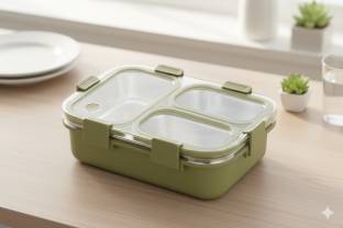 VSELL Lunch Box 3 Compartment Leakproof, Stainless Steel, With Spoon + FORK 3 Containers Lunch Box