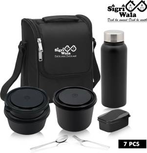 Sigri-wala Black Lunch Box Microwave Safe Set of 7 with Bottle|Bag & Cutlery 7 Containers Lunch Box