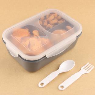मैजिक स्पून 3 Section Lunch Box with Spoon & Fork with Air Tight Lid (Grey) 1 कंटेनर लंच बॉक्स