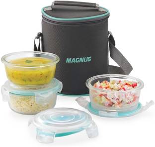 Magnus Vivid Solid Glass with Vertical Pouch and Fixed Clip 3 Containers Glass Office Lunch Box
