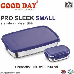 Good Day Pro Sleek Small Rectangular Stainless steel tiffin 2 Containers Lunch Box