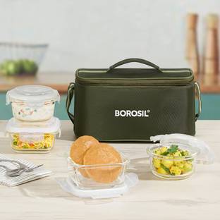 BOROSIL Eateasy Universal Glass Lunchbox, 4pc (320ml x 2 Square + 240ml x 2 Round) 4 Containers Lunch Box
