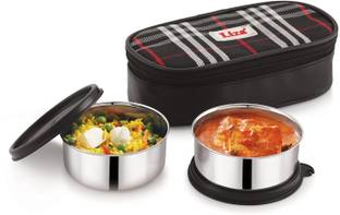 Liza Steel Lunch Tiffin Box Stainless Steel Bowl Pouch Food Grade PU Insulated Black 2 Containers Lunch Box