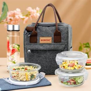 BOROSIL Pro Lunchbox, 3 pc Set (400ml Each) + 1 (550ml) Glass Bottle, Microwave Safe 3 Containers Lunch Box