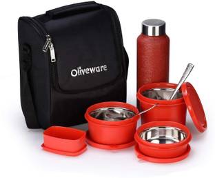 Oliveware Teso Pro Lunch Box | 3 Stainless Steel Containers | Plastic Pickle Box | Steel Spoon & Fork | Insulated Fabric Bag | Leak Proof | Microwave Safe | Full Meal | Easy to Carry | Black 4 Containers Stainless Steel Office Lunch Box