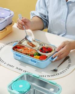 Dherik Tradworld Lunch Box with 3 Compartment - Fork, Chopstick & Spoon Lid 3 Containers Lunch Box