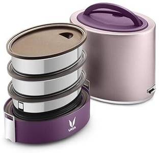 Vaya Lyte 1000 ml Purple Polished Stainless Steel Tiffin Box without BagMat 3 Containers Lunch Box