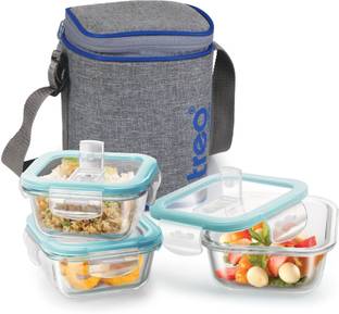 TREO All Fresh Square Glass Tiffin With Jacket, 3 Containers, 320 ml Each, Grey 3 Containers Lunch Box