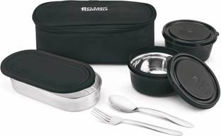 Classic Essentials Stainless Steel Microwave Safe Lunch box Set w/-Cutlery for School, 1 Oval & 3 Containers Lunch Box