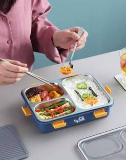 Hyzon Tech Leak Proof 3 Compartment Stainless Steel Tiffin Boxes With (1 SPOON & CHOPSTICK) 3 Containers Lunch Box
