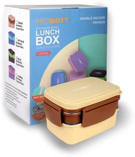 PROBOTT Double Decker Stainless Steel Lunch Box, 2 Layers with 3 Compartment and 1Spoon, 2 Containers Lunch Box