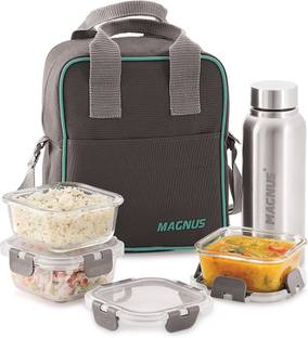 Magnus Glock Solid Glass Lunch Box with Vertical Pouch and Detachable Clip 1 SS Bottle 3 Containers Lunch Box