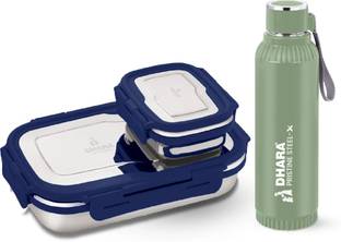 Dhara Stainless Steel Quench Bottle 700ml Dark Green & Blaze Lunch Box 900ml + 200ml Navy Blue 2 Containers Lunch Box