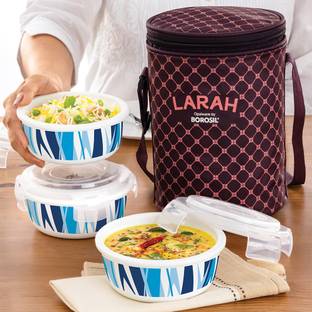 Larah by Borosil Geo Blue Opalware with Bag, Unisex for Office, School 3 Containers Lunch Box