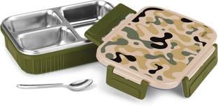 MILTON Fun Feast 3 Steel Tiffin Box, 700 ml, Military Green | 3 Leak Proof Compartments 1 Containers Lunch Box