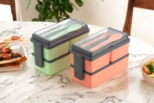 OMORTEX 3 Section Lunch box With Spoon Fork 3 Containers Plastic Office Lunch Box