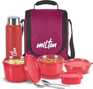 MILTON Pro (3 Containers, 1 Chutney Dabba, 1 Bottle, Spoon, Fork), Maroon 4 Containers Lunch Box