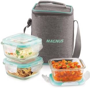 Magnus Vivid Glass Lunch Box with Vertical Linen Pouch and Fixed Clip 3 Containers Lunch Box