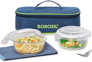 BOROSIL Klip-n-Store Lunch Box with Bag, 2pc (400ml x 2), Horizontal Round Office Tiffin 2 Containers Lunch Box