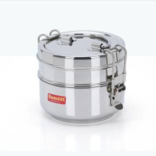 Sumeet Stainless Steel 2 Compartment Lunch Box / Tiffin with Lid and Handle,11.5Cm Dia, 2 Containers Lunch Box