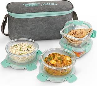 Allo FoodSafe Glass Lunch Box,Microwave Safe Tiffin with Canvas Grey Lunch Bag, 4 Containers Lunch Box
