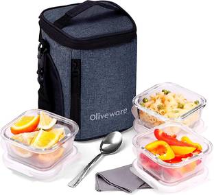 Oliveware Ivy Glassware Lunchbox|Borosilicate Glass Lunchbox Microwave Proof 3 Containers Lunch Box
