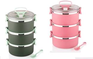 Analog Kitchenware 3 Layer Big Bite Plastic Inner SS School/College/Office Lunch Box - 900 ML EACH 2 Containers Lunch Box