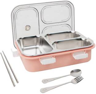 PBKN Microwave Safe Stainless Lunch Box for Kids School Tiffin Dabba Set 3 Containers Lunch Box