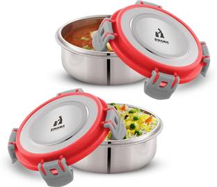 Dhara Stainless Steel Fit N Fresh Tiffin Box Containers With Four Side Clips Lock Airtight Lid Red 2 Containers Lunch Box