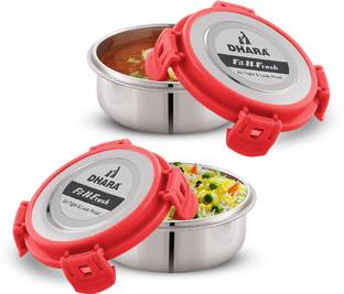 Dhara Stainless Steel FIT-N-FRESH Tiffin with 4 Side Lock Lid 2 Containers Lunch Box