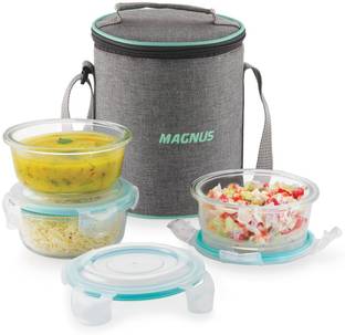 Magnus Vivid Glass Lunch Box with Vertical Linen Pouch and Fixed Clip 3 Containers Lunch Box