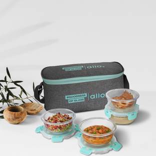Allo FoodSafe Glass Lunch Box,Microwave Safe Tiffin with Canvas Grey Lunch Bag, 4 Containers Lunch Box