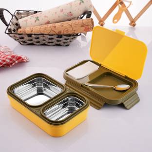 Nabhya 2 Compartment Stainless Steel Lunch Box for School with Steel Spoon 2 Containers Stainless Steel School Lunch Box