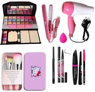 Dyegim MAKEUP KIT,7 BRUSH,DRYER,STRAIGHTENER,PUFF,KAJAL,EYELINER,3IN1 ( PERFECT COMBO )