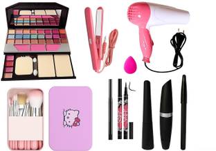 QEQEQ MAKEUP KIT,7 BRUSH,DRYER,STRAIGHTENER,PUFF,KAJAL,EYELINER,3IN1 ( PERFECT COMBO )