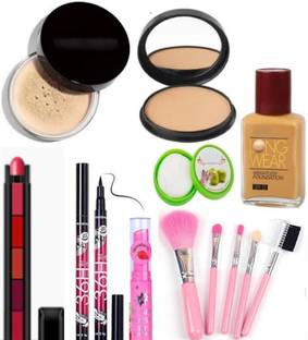 swenky compact foundation loose powder 5in1 lipstick eyeliner lip balm & makeup brush