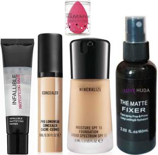 LOVE HUDA Waterproof HD Face Primer, Foundation, Concealer, Makeup Fixer Spray & Blender