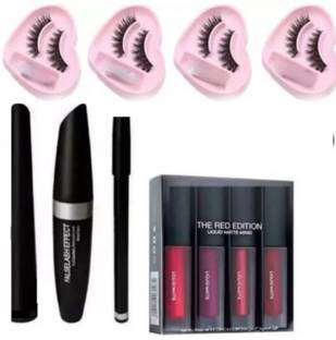 Aziel 4 IN LIP+3 IN 1 MASCRA COMBO + 4 HEART EYELASHES(Pack of 11)